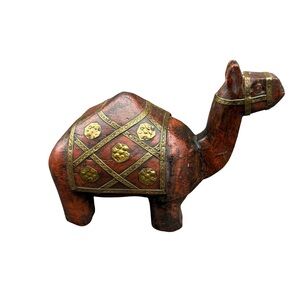Pier 1 Wood & Brass Camel Figure Statue Red Brown Black Made in India VTG 5"